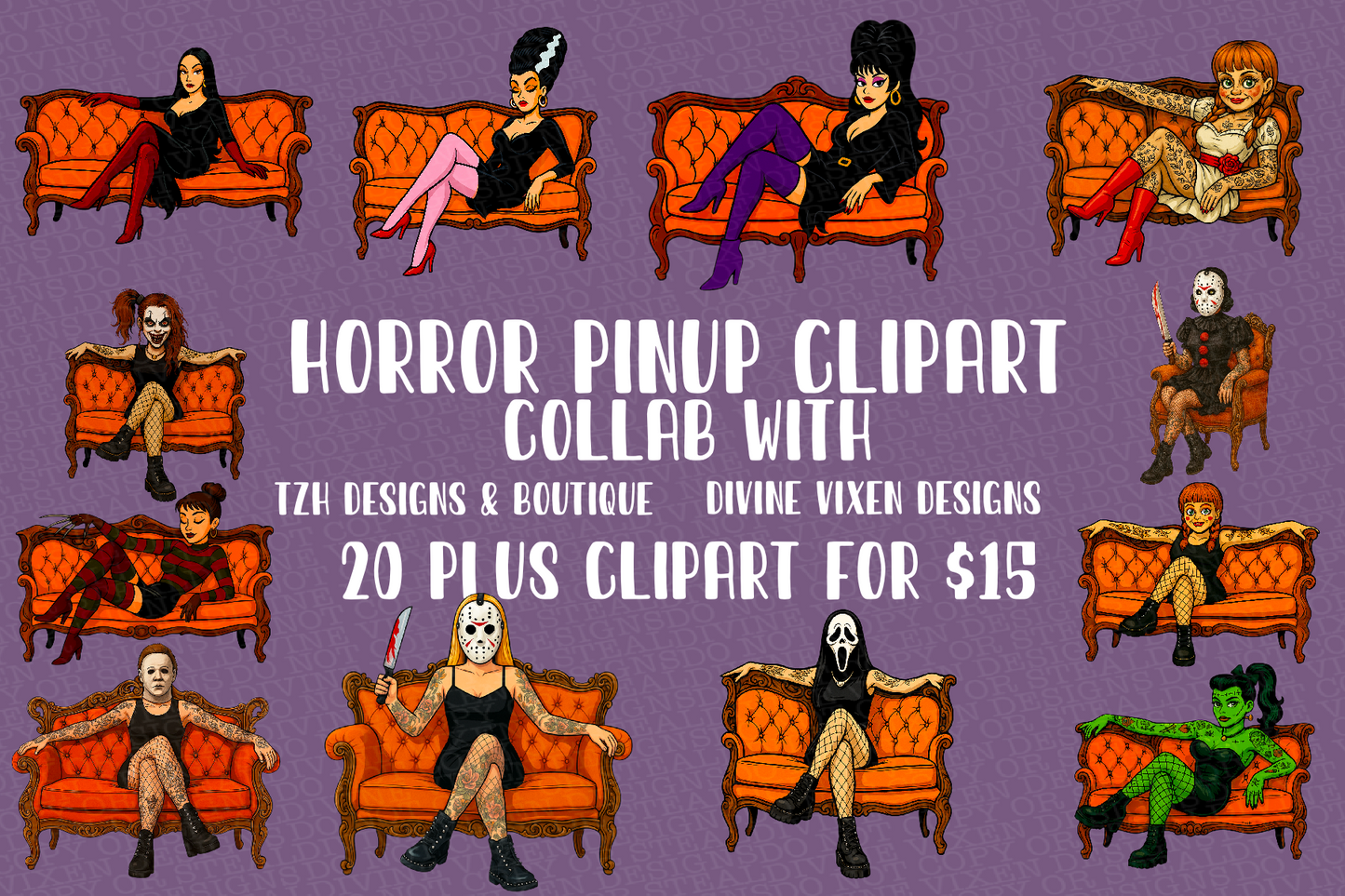 Horror pinup clipart collab digital downloads