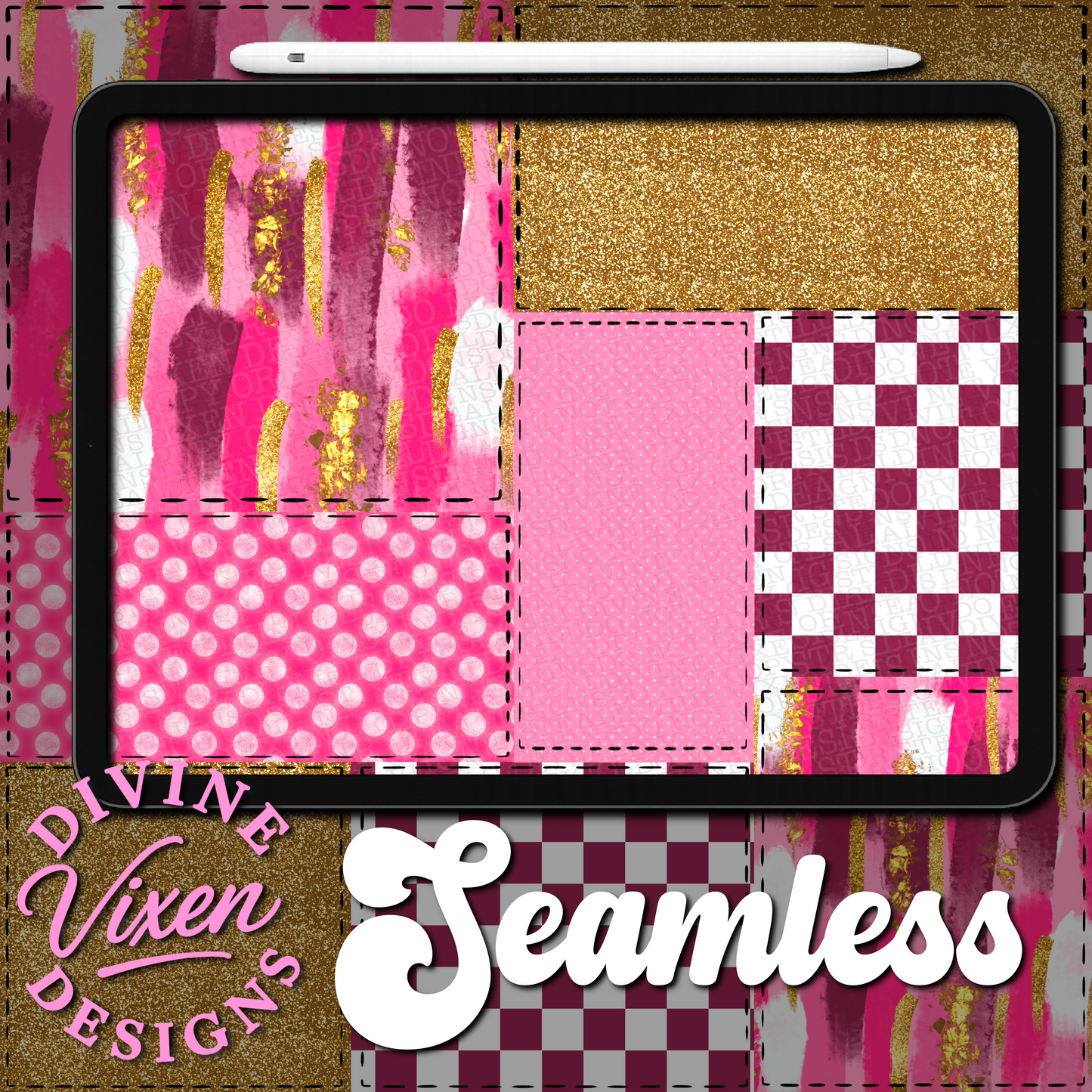 Pink and gold patch work  seamless digital download